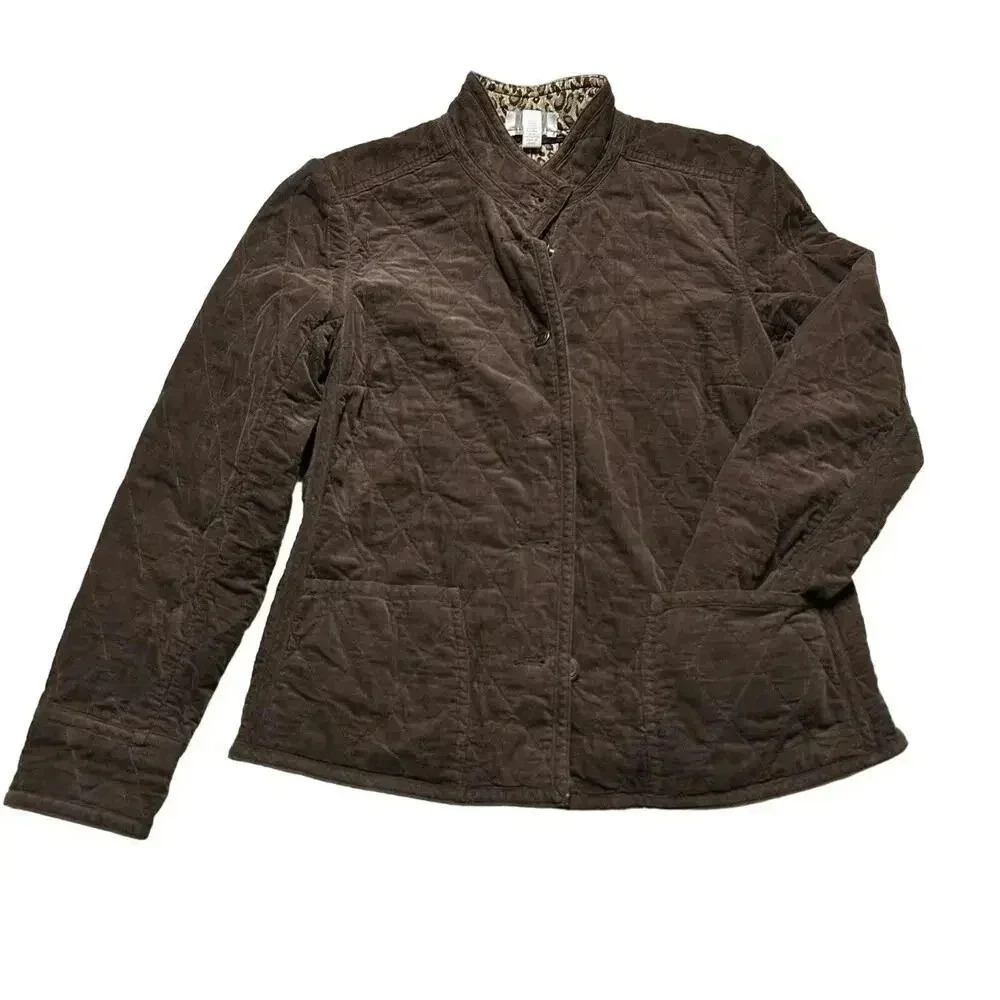 Chart Club Brown Corduroy Quilted Jacket Lined with Cheetah Print Women’s Small